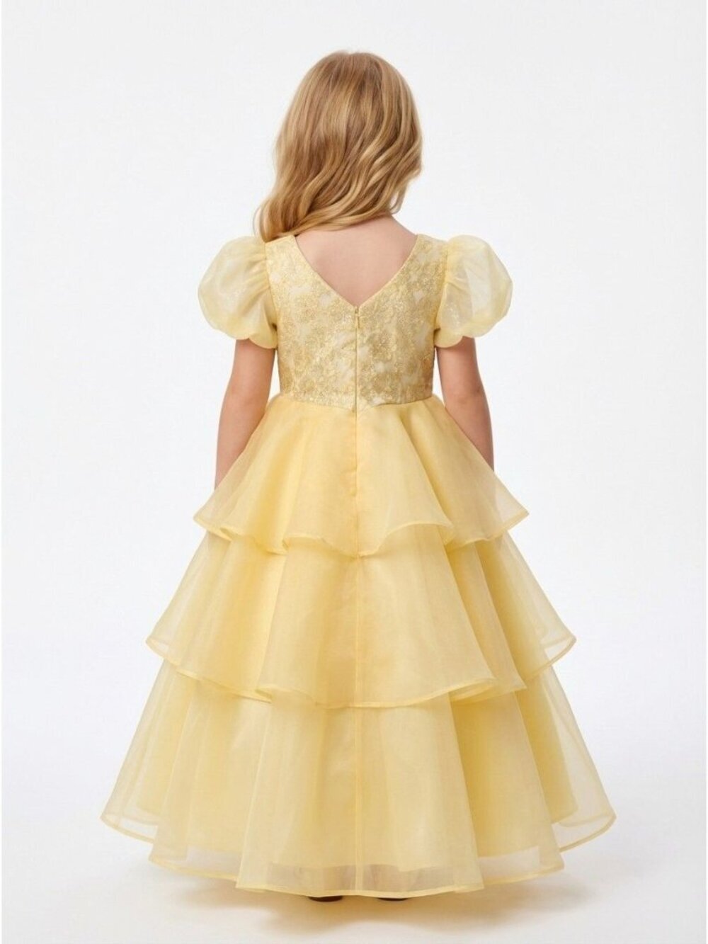 Girls Belle Princess Party Dress Yellow Tiered Ball Gown Birthday Outfit (Size 6 - Picture 2 of 2
